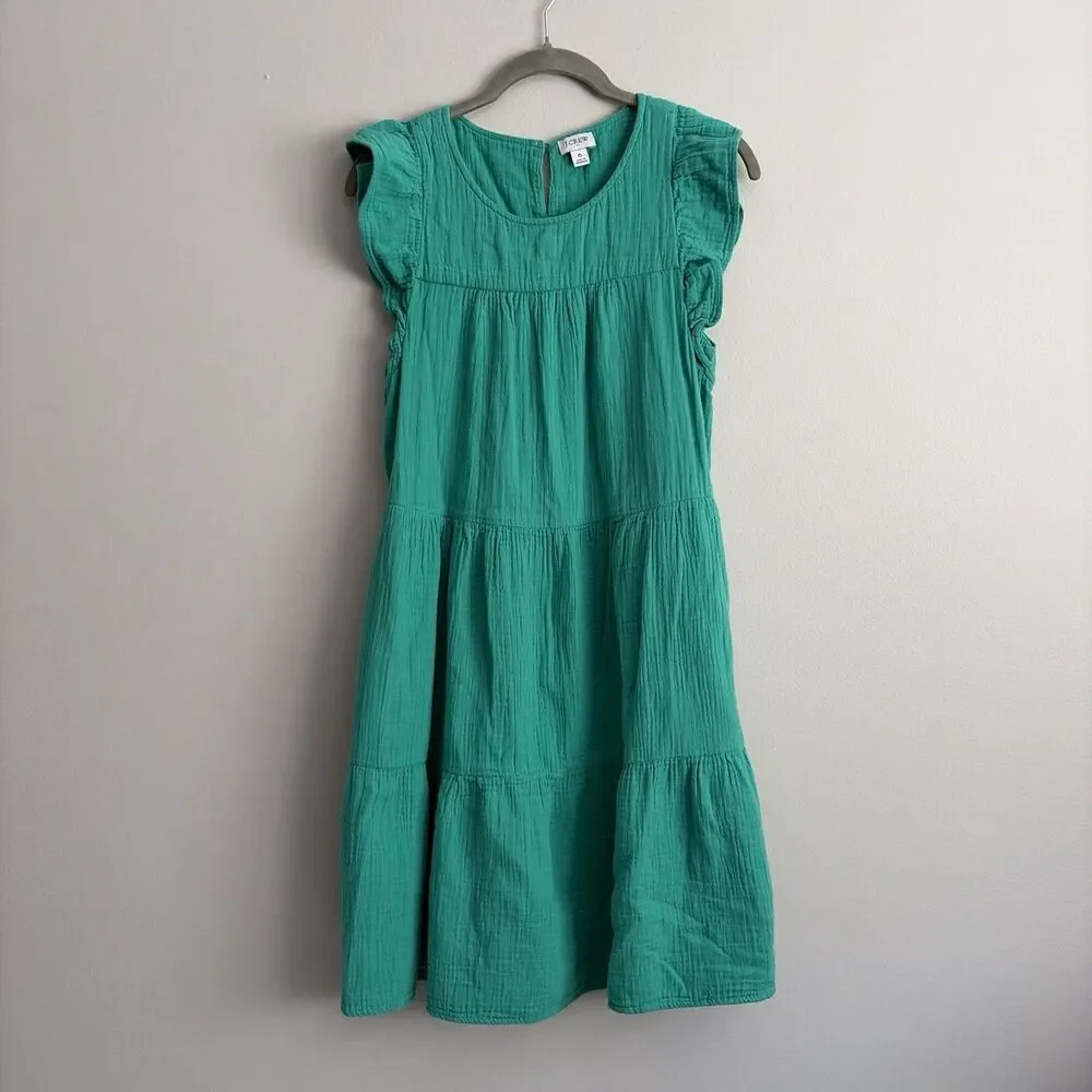 J Crew Womens Green Muslin Gauzy Dress Size 6 Flutter Sleeves 100% Cotton